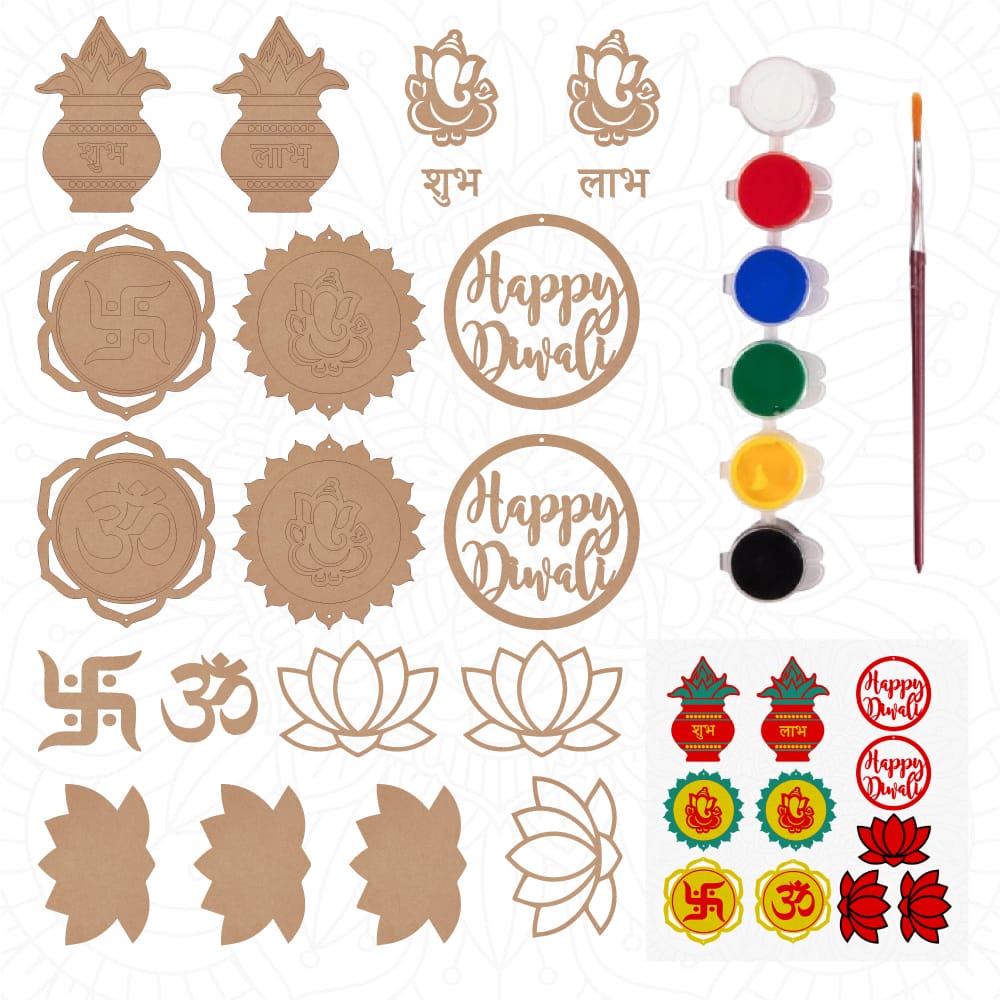 Family painting wooden cutouts together with Diwali DIY Kit